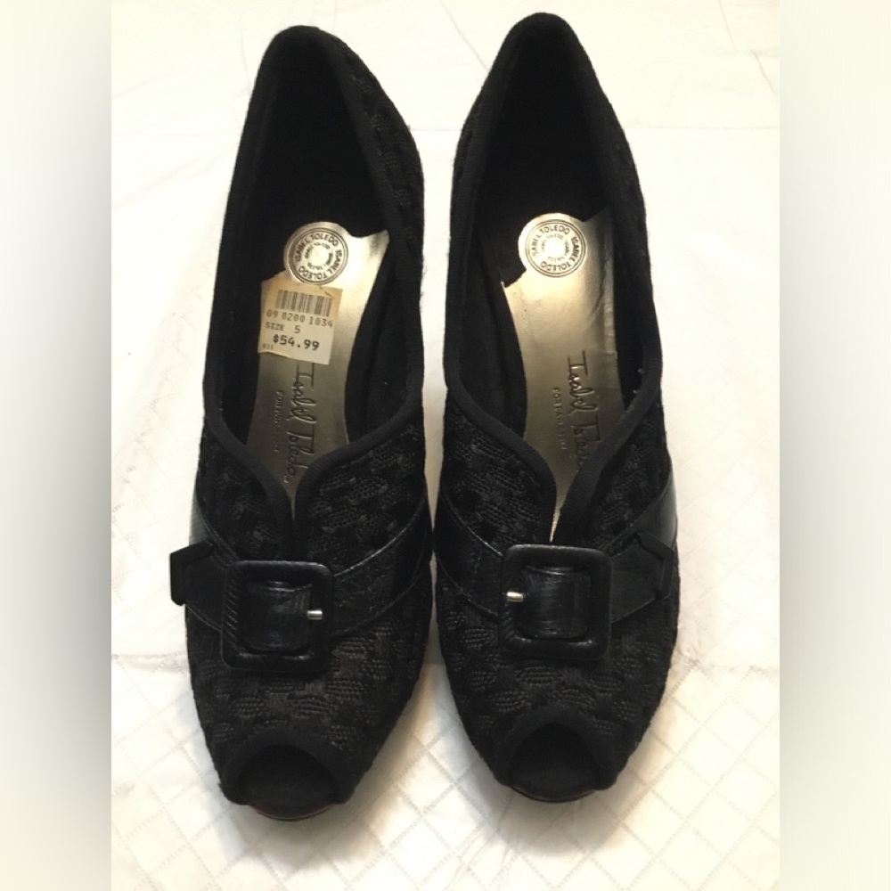 Isabel Toledo Black Peep-Toe Heels with Front Buckle